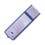 A silver and blue flash drive with a sleek design and a small hole for attachment. It features a logo on the front.
