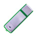 A green and silver Pluto flash drive with a sleek design and a small hole for attachment.