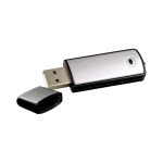 A metallic silver and black USB flash drive with a removable cap. It features a logo on the body.