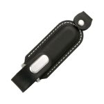A black leather flash drive holder with white stitching and a silver button closure. It features a smooth, sleek design.