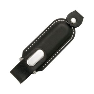 A black leather flash drive holder with white stitching and a silver button closure. It features a smooth, sleek design.