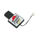 A black promotional flash drive with a square shape and a logo featuring a red hat and text.