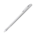 A sleek silver metal pen featuring a clip and a pointed tip, with a subtle logo on the body.