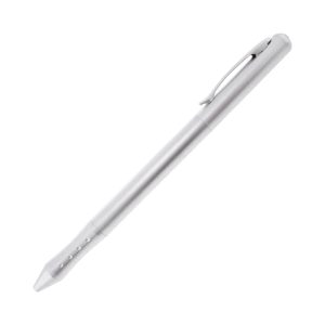 A sleek silver metal pen featuring a clip and a pointed tip, with a subtle logo on the body.