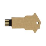 A key-shaped eco-friendly flash drive in brown with a black USB connector and a hole for keyring attachment.