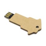 A light brown, key-shaped flash drive with a USB connector and a hole for attaching to a keyring.