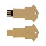 A key-shaped eco flash drive with a natural brown finish, featuring a black USB connector and a hole for attachment.