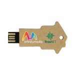 A flash drive shaped like an arrow, featuring a brown design with logos in vibrant colours.