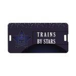 A dark blue flash drive with a star design, featuring the text "TRAINS BY STARS" and a small logo.