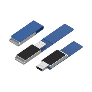 A blue Milan LED flash drive with a sleek design and a silver clip. It features a USB connector for easy access.