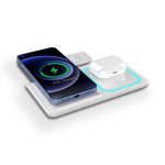 A 15W 3-in-1 fast wireless charger in white, featuring a smartphone, earbuds, and a charging pad with a logo.