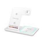 A white 15W 3-in-1 fast wireless charger with a sleek design and an illuminated base.