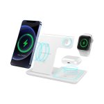 A white 3-in-1 fast wireless charger with spaces for a phone, AirPods, and an Apple Watch, featuring glowing charging indicators.