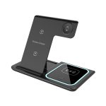 A black 15W 3-in-1 fast wireless charger with a stand and multiple charging surfaces. Phonelike branding visible.