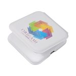 A white square compact with a colourful geometric design and a logo on the front.