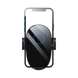 A black wireless car charger with a blue indicator light, designed to hold smartphones in place.