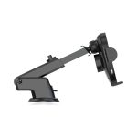 A black car phone holder featuring an adjustable arm and suction mount for easy attachment.