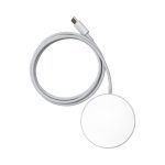 A round white wireless charger with a grey cable attached, featuring a logo on the surface.
