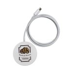 A round white wireless charger with a USB-C cable, featuring a logo design in the centre.