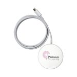 A white magnetic wireless charger with a grey cable and a logo on the surface.