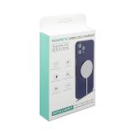 A wireless charger in a white and turquoise box, featuring a magnetic design and an image of a phone on the front.