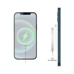 A magnetic wireless charger in grey, showcased alongside a smartphone indicating charging progress with a green lightning symbol.