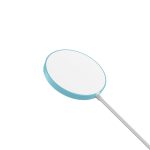 A circular wireless charger in white with a light blue border, featuring a single cable.