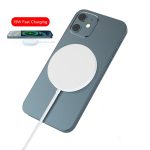 A white 15W magnetic wireless charger attached to a grey phone, displaying a charging animation.