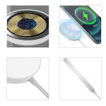 A magnetic wireless charger with a sleek white design and visible circuitry, connected to a phone displaying a charging icon.