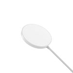 A white magnetic wireless charger with a smooth circular design and a connected cable. It has a logo on the surface.