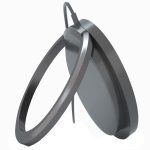 A grey magnetic wireless charge stand with a sleek design, featuring a round charging pad and ring holder.