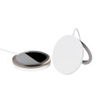 A magnetic wireless charge stand in white and silver, featuring a sleek, minimalist design and a rounded shape.