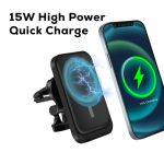 A black 15W magnetic wireless car charger beside a smartphone displaying a charging indicator, with a logo on the charger.