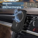 A magnetic black 15W wireless car charger mounted on a car dashboard, with a design featuring a glowing charging symbol.