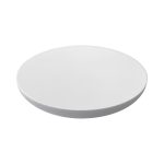 A white circular wireless charger with a smooth surface and a minimalistic design. It includes a logo.