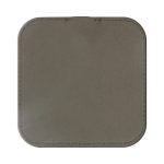A square grey wireless charger with rounded edges and visible stitching, featuring a logo on its surface.