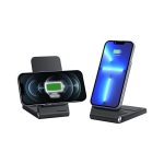 A wireless charger in black, featuring two phone charging positions and a logo on the base.