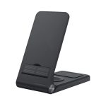 A sleek black wireless charger with a foldable stand and multiple charging surfaces. It features a logo.