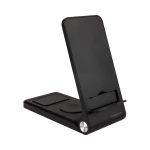 A black 3-in-1 wireless charger with adjustable stand and phone holder, featuring a branding logo.