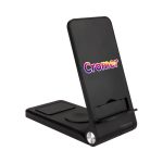 A black 3-in-1 wireless charger stand with a logo and a foldable design for convenient storage.