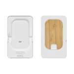 A white wireless charging stand with a bamboo surface on one side and a smooth white back, featuring a logo.
