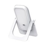 A white wireless charging stand with a sleek design, featuring a built-in stand and a USB-C port.