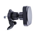 A magnetic wireless car charger in black, featuring a clip mount for secure attachment. Includes a logo on the charger.