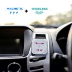 A magnetic, wireless car charger featuring a sleek design, primarily in white, mounted on a car dashboard.