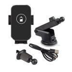 A black 15W fast wireless car charger with a suction mount, USB cable, and a detachable attachment.