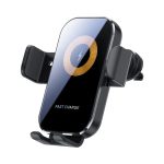 A black 15W fast wireless car charger with a sleek design, featuring a circular indicator on the front and adjustable holders.