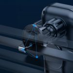 A 15W fast wireless car charger in black, featuring a sleek design with an adjustable mount and a logo.