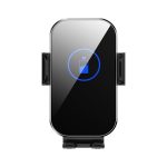 A black 15W fast wireless car charger with a sleek design and a holder for a phone. Features a logo on the front.