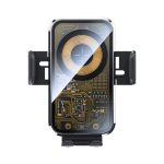 A fast wireless car charger with a sleek design, featuring a black and gold circuit pattern and a holder mount.
