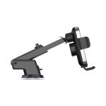 A black 15W fast wireless car charger with a flexible arm and a suction mount for attachments.